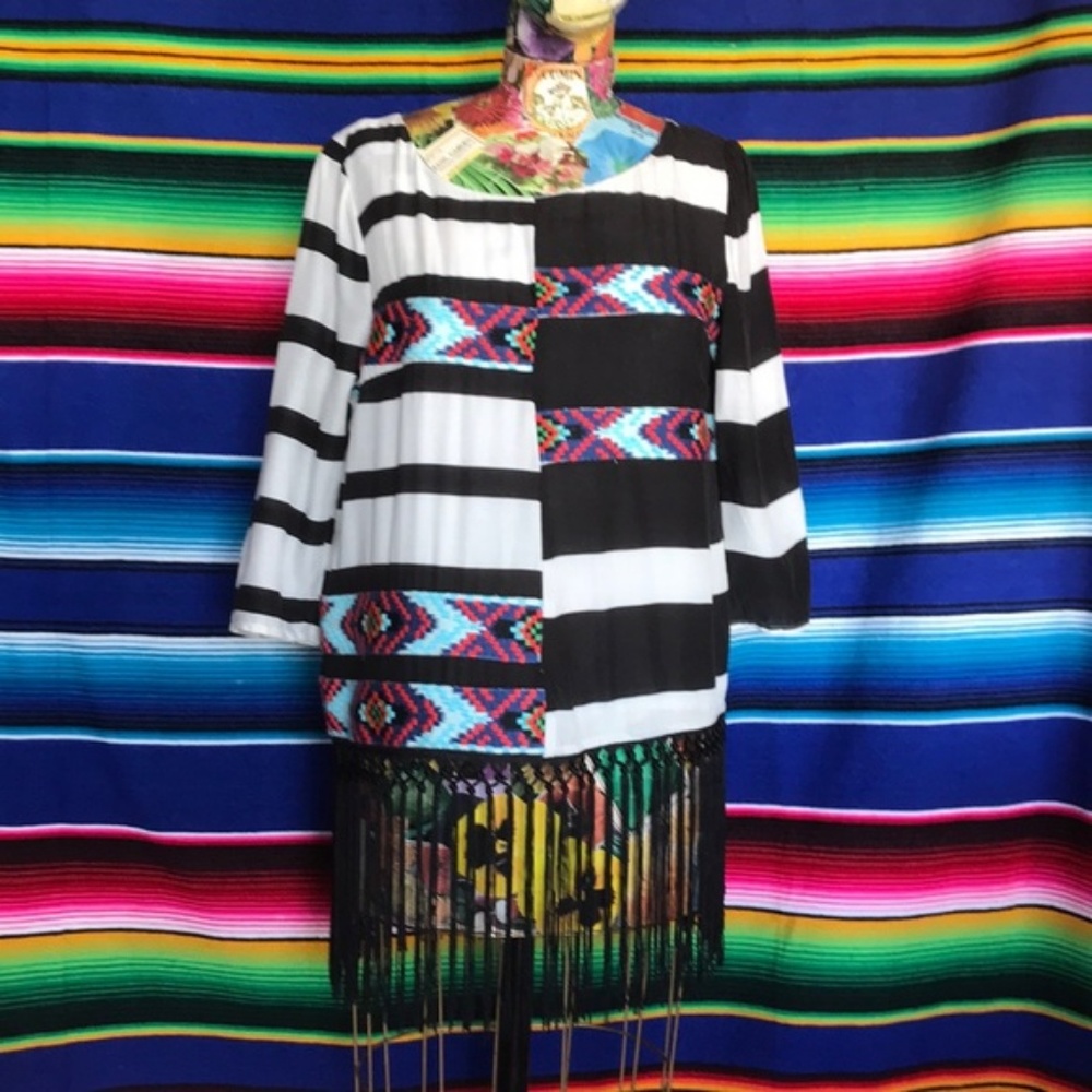 Anthro Floreat Fringed Latitudes Stripe Top Aztec - Picture 2 of 8